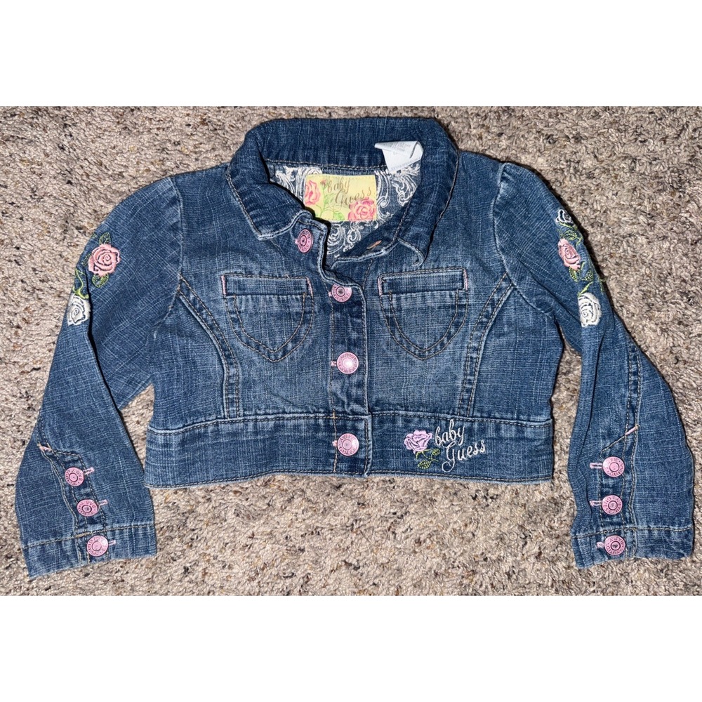 VTG Baby Guess Jean Jacket Embroidered Flowers Snap Up‎ Medium Wash Denim 18M